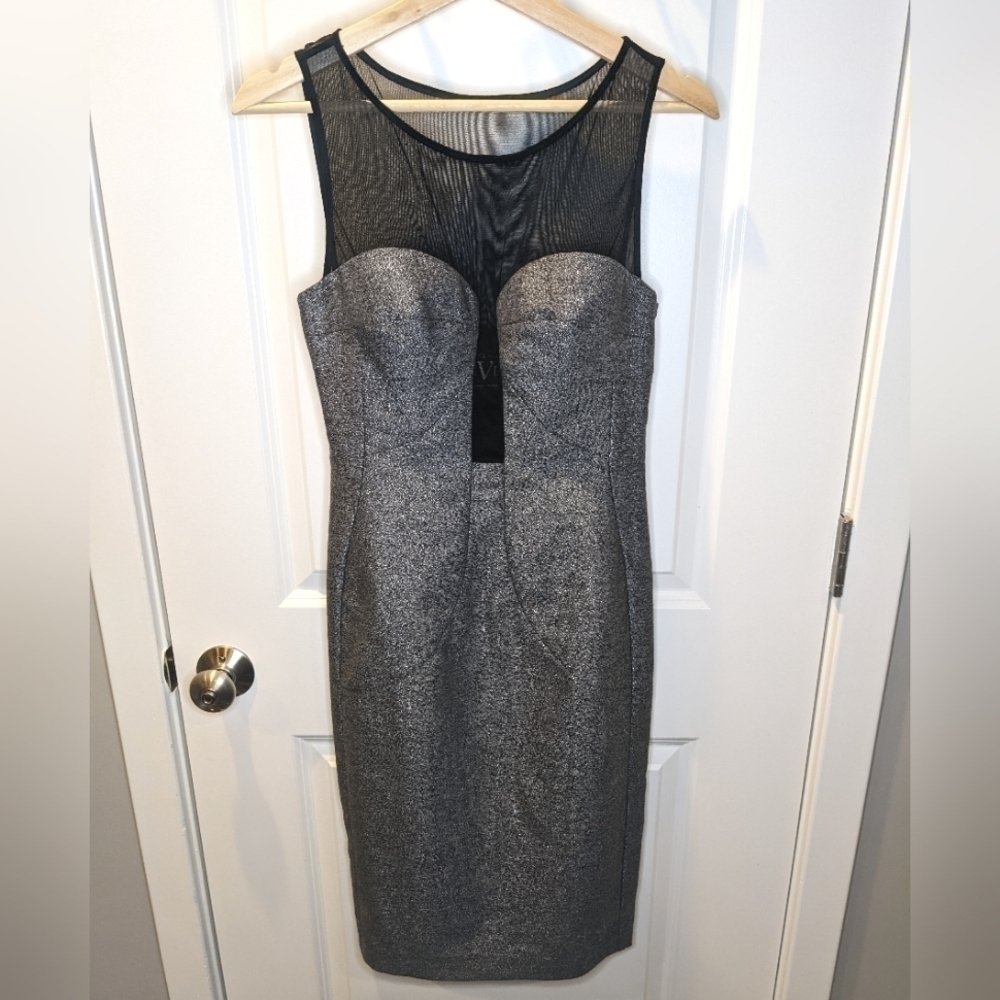 Black Halo Eve Silver Shimmer Plunge Neck Midi Sheath Dress Size 4